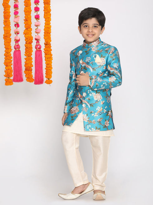 Boy's' Multicolored-Base-Turquoise Indowestern Set